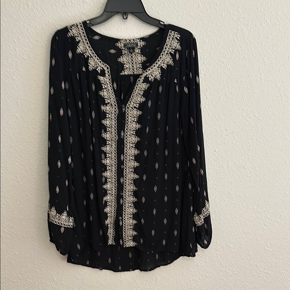 Embroidered Black and Beige Flowy Blouse